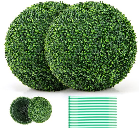 COSTWAY Buxusballen, 2 stuks, 50 cm, buxusbal, uv-bestendig, vormsnoeren, kunstplant, decoratieve plant, boekbal, kunstplant, decoratieve bolplanten voor huis, tuin, bruiloft (donkergroen)