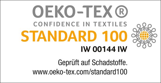 Oeko-Tex Standard 100 logo met tekst 'Confidence in Textiles'.