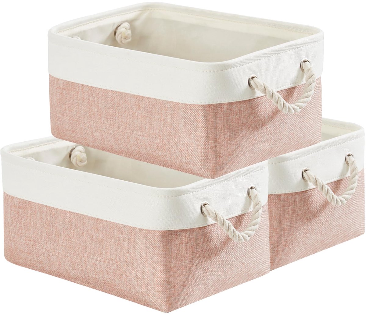 My Ninki ® Opvouwbare Stoffen Opbergdozen voor Kast en Speelgoed met Diverse Maten in Roze en Wit, 3 Stuks