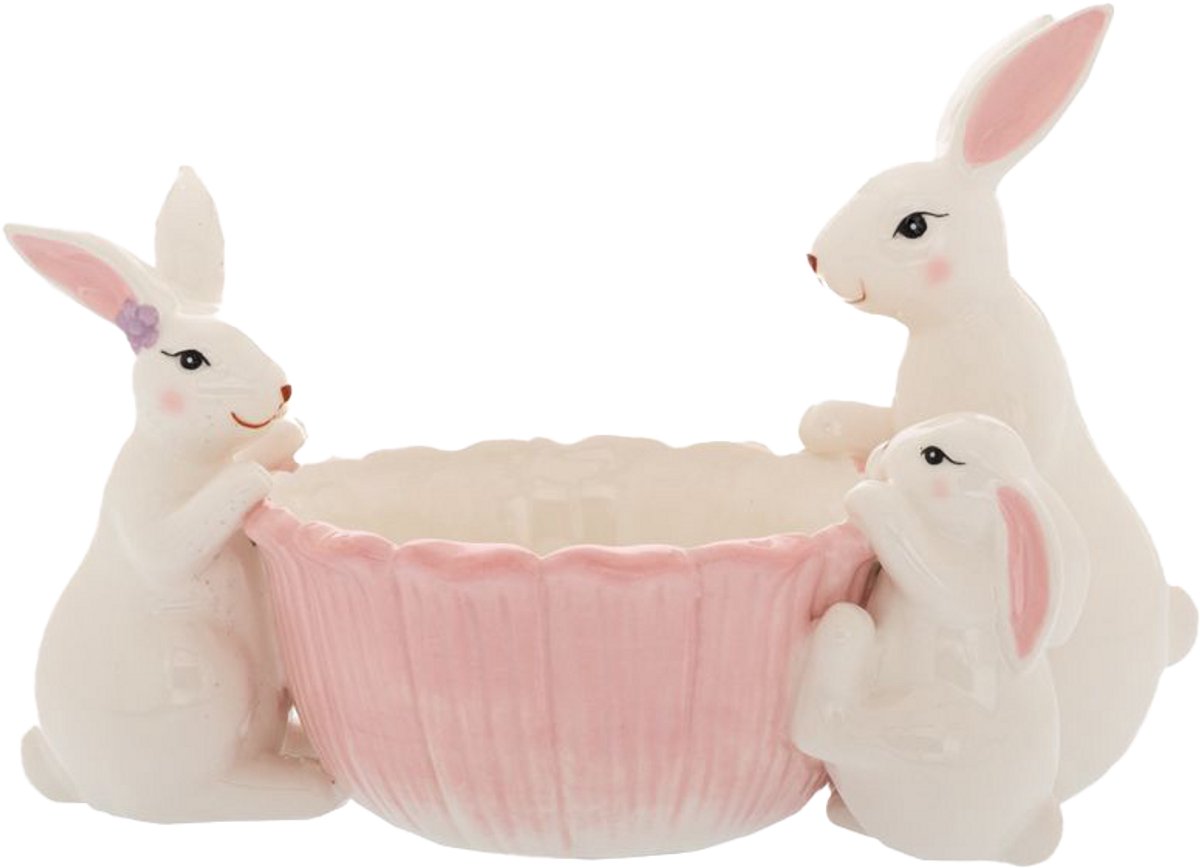 Viv! Christmas Paasservies - Bloemvormig Schaaltje met Drie Konijntjes - keramiek - pasen - roze - 27cm