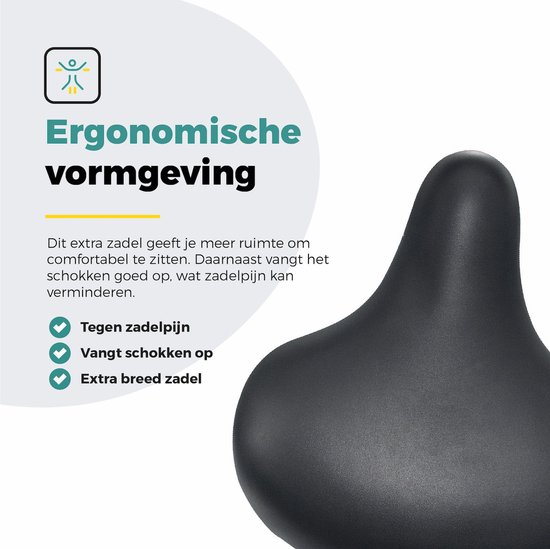 Ergonomisch gevormd zwart fietszadel, tegen zadelpijn, vangt schokken op.