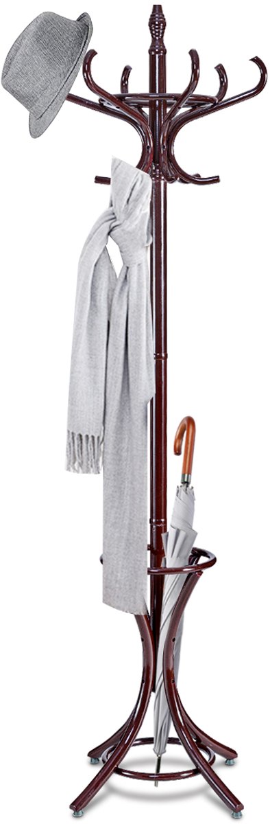 Costway Kapstok, 184 cm met parapluhouder, jasstandaard met 12 kledinghaken, kledingrek van hout, garderobe, staande garderobe voor hal, woonkamer en slaapkamer Bruin