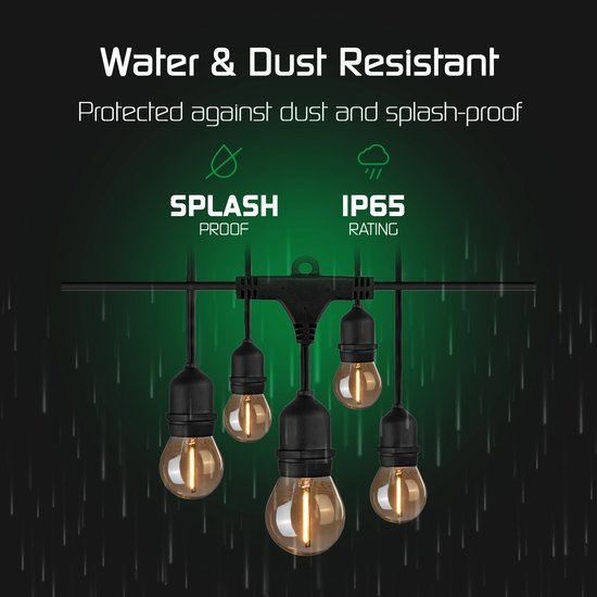 Waterdicht en stofdicht lichtsnoer met IP65 classificatie, bestand tegen regen.