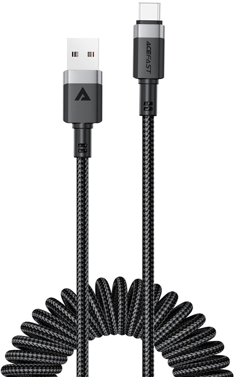 Acefast - USB-A naar USB-C Kabel - Krulsnoer - Uitrekbare oplaadkabel - Universele oplaadkabel - 1.2 M - 480Mb/s - Zwart