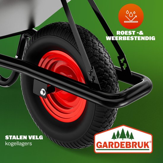 Zilverkleurige kruiwagen met zwart frame, rode velg en vol rubberen band. Met "ROEST- & WEERBESTENDIG" tekst.