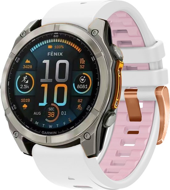 FFO2World Dubbelkleurige Siliconen Band in Fenix 8 Stijl - QuickFit 20mm - Rosé goud-Wit/Roze - Voor Garmin Fenix8 43MM/7S/7S pro/7S Solar/7S Sapphire Solar/6S/6S Pro/5S/5S Plus/instinct 2S/descent mk3 43mm/descent mk3i 43mm/Epix Pro 42MM