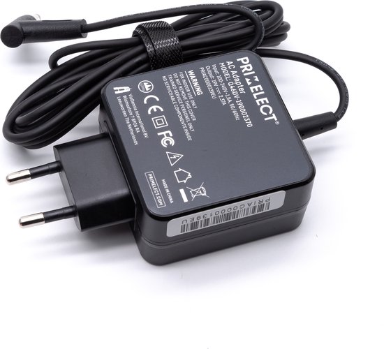 Adaptateur secteur noir Primelect, modèle d09k-190023j70, avec câble noir et connecteur en L.