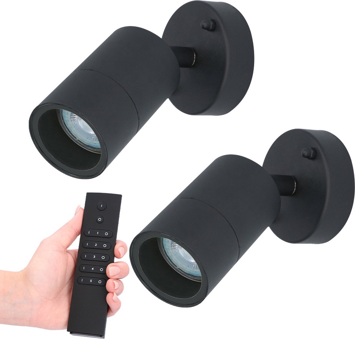 HOFTRONIC Set van 2 dimbare LED Wandlamp Lago 2700K - Zwart - IP44 - GU10 - Incl. dimmer met afstandsbediening