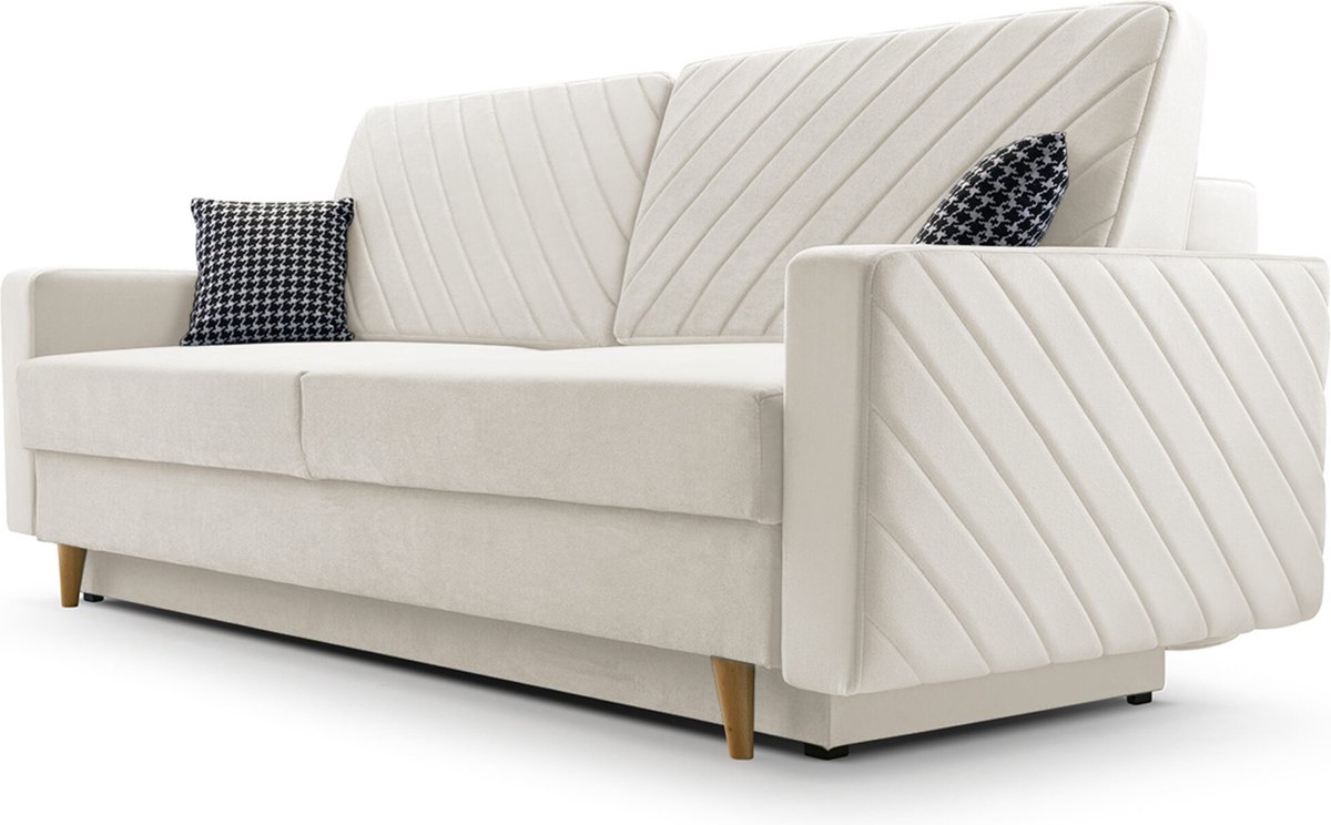 3-zitsbank van Velvet voor woonkamer, slaapbank, sofa met slaapfunctie en opbergruimte, moderne bank - 230x96x97cm - Slaapbank CALIFORNIA - Crème (PAROS 01)