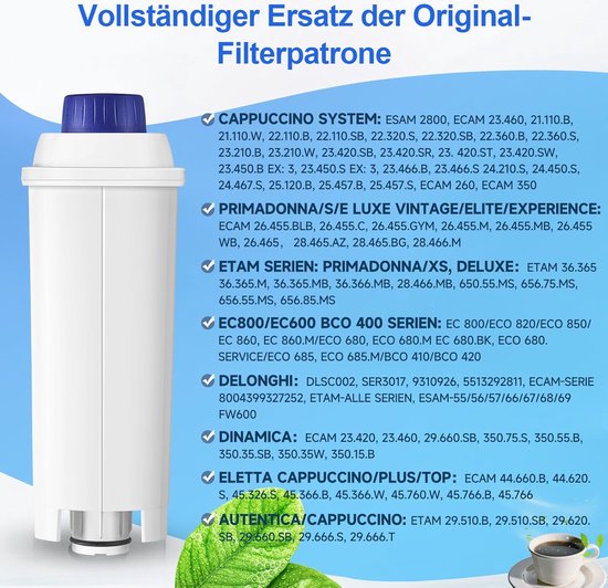 Wit waterfilter met blauwe dop naast een kop koffie. Lijst met compatibele koffiezetapparaatmodellen.