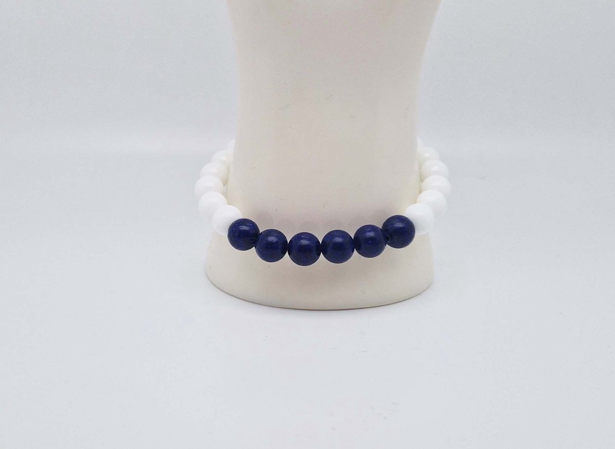 Handgemaakte harmonie natuurstenen armband “Witte agaat- Azuur ” - Model 2 - 8 mm diameter van de korrel- Diameter armband 20 cm - Een mooi cadeau voor familie en vrienden
