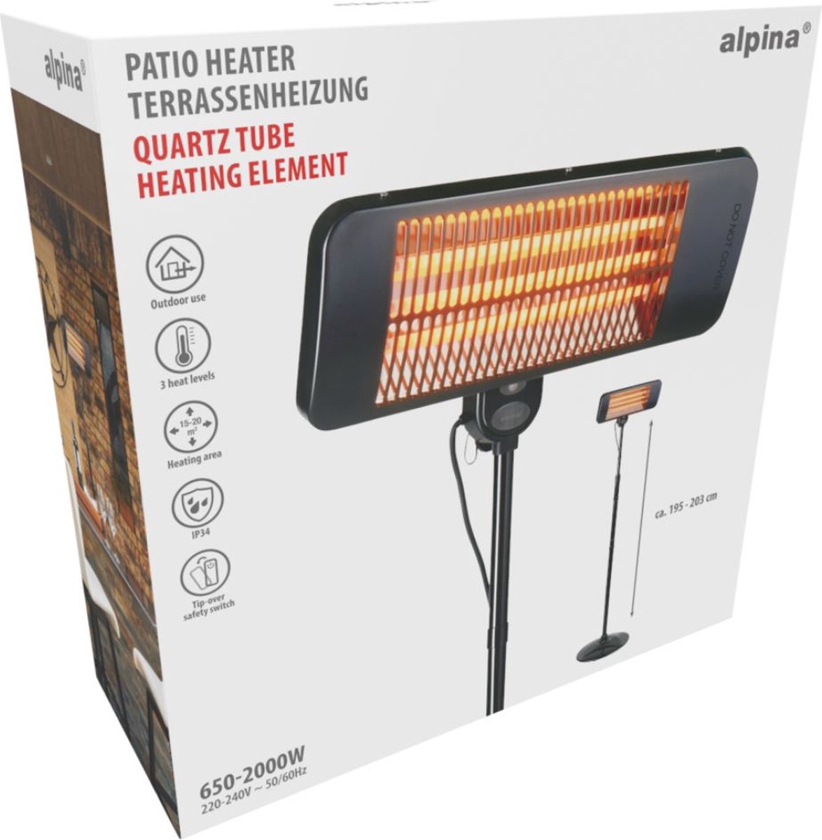 alpina Infrarood Verwarming Staand - Terras Heater 2000W 3 Warmtestanden - Spatwaterdichte Terrasheater IP24 met Infrarood Paneel – foto 8