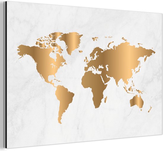 Aluminium schilderij 90x60 cm - Wanddecoratie metaal - Wereldkaart - Goud - Marmerlook - Luxe - Design - Metalen muurdecoratie woonkamer - Decoratie industrieel - Foto op dibond - Industriële accessoires slaapkamer