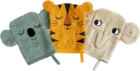 Roommate - Set de 3 Débarbouillettes - Koala, Tiger et Elephant
