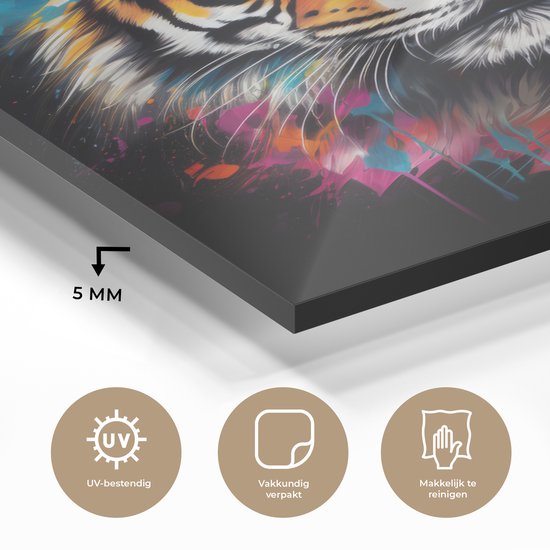 MuchoWow® Tableau sur verre 90x120 cm - Tableau sur verre acrylique - Tigre - Graffiti - Animaux - Zwart - Photo sur verre - Décoration murale salon - Décoration murale chambre - Peintures