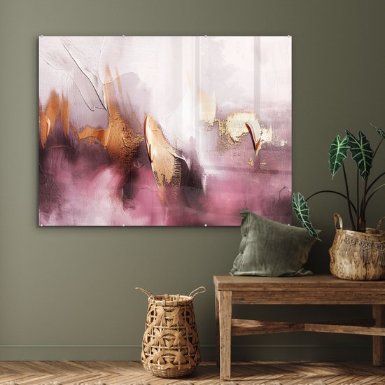 MuchoWow® Glasschilderij 120x90 cm - Schilderij acrylglas - Paars - Abstract - Verf - Goud - Foto op glas - Muurdecoratie woonkamer - Wanddecoratie slaapkamer - Schilderijen