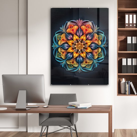 MuchoWow® Tableau sur verre 90x120 cm - Tableau sur verre acrylique - Mandala - Lumière - Couleurs - Zwart - Fleurs - Photo sur verre - Décoration murale salon - Décoration murale chambre - Peintures