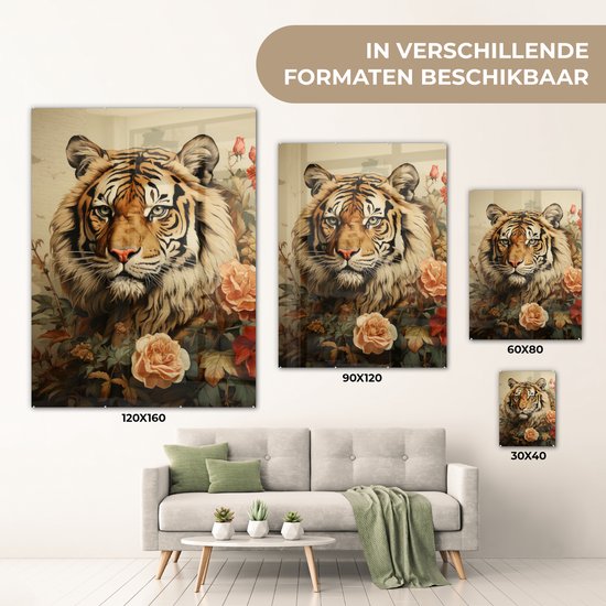 MuchoWow® Glasschilderij 90x120 cm - Schilderij acrylglas - Vintage - Tijger - Bloemen - Dieren - Wit - Foto op glas - Muurdecoratie woonkamer - Wanddecoratie slaapkamer - Schilderijen