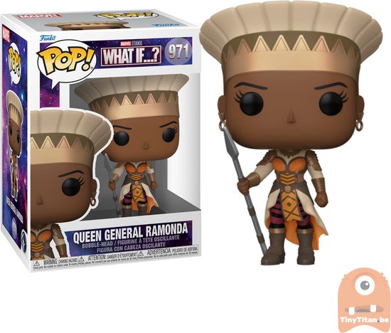 Queen General Ramonda Funko POP! figuur in verpakking. Ze draagt een goudkleurig hoofddeksel, oranje/wit harnas en heeft een speer.