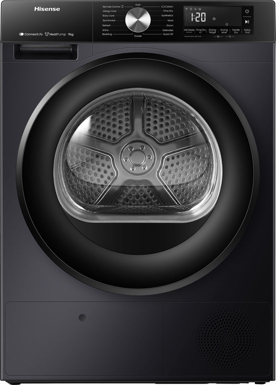 Hisense 3S Serie DH3S902BB3 - Zwarte Wasdroger met A+++ Energielabel - Warmtepompdroger - 9kg - ConnectLife - Trommelverlichting - AutoDry - Quick Dry - Allergy Care