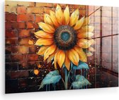 MuchoWow® Glasschilderij 180x120 cm - Schilderij acrylglas - Zonnebloem - Bloemen - Graffiti - Geel - Bloem - Foto op glas - Muurdecoratie woonkamer - Wanddecoratie slaapkamer - Schilderijen