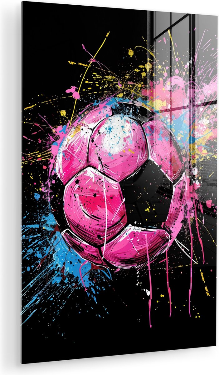 MuchoWow® Glasschilderij 80x120 cm - Schilderij acrylglas - Graffiti - Sport - Voetbal - Bal - Roze - Foto op glas - Muurdecoratie woonkamer - Wanddecoratie slaapkamer - Schilderijen