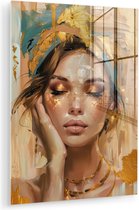 MuchoWow® Glasschilderij 90x120 cm - Schilderij acrylglas - Vrouwen - Portret - Luxe - Goud - Foto op glas - Muurdecoratie woonkamer - Wanddecoratie slaapkamer - Schilderijen