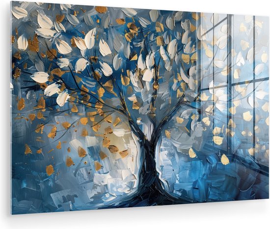 MuchoWow® Glasschilderij 120x80 cm - Schilderij acrylglas - Boom - Blauw - Goud - Abstract - Foto op glas - Muurdecoratie woonkamer - Wanddecoratie slaapkamer - Schilderijen