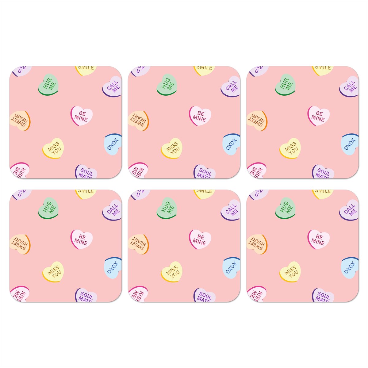 Onderzetters voor glazen - Hart - Snoep - Pastel - Tekst - 10x10 cm - Glasonderzetters - 6 stuks