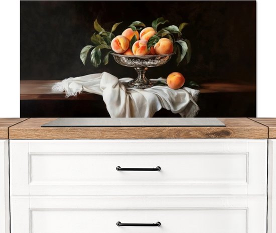 Crédence de Cuisinière en Aluminium 100x50 cm - Nature morte - Pêches - Vintage - Écran Pare-éclaboussures pour Plaque de Cuisson - Protection Murale