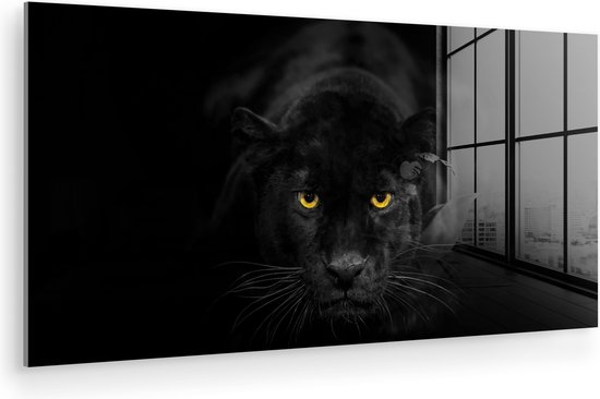 Glasschilderij panter - Dieren - Zwart - Portret - Schilderij glas - Muurdecoratie woonkamer - 120x60 cm - Wanddecoratie glas - Foto op glas - Slaapkamer - Glasplaat - Kamer decoratie
