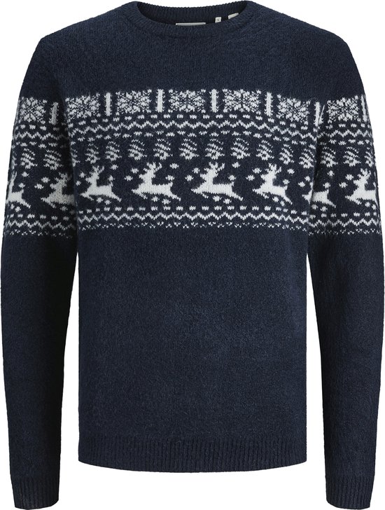 Pull en tricot bleu foncé avec un motif blanc de rennes et de flocons de neige sur la poitrine et les manches.