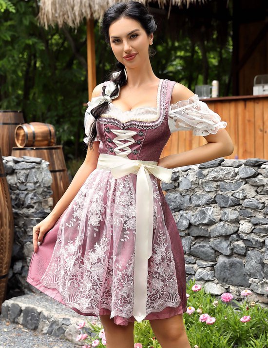 TTFDJG Oktoberfest Dirndl Damen - 3-teilig Midi Trachtenkleid Mit Schürze