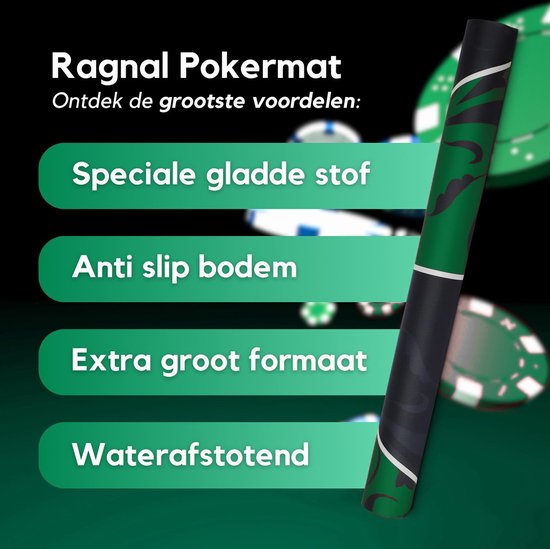 Tapis de poker - Table de poker - 180 x 90 cm - Tapis de poker antidérapant enroulable - Set de poker - Tapis de cartes - Tapis de poker - 2 à 10 personnes - Incl. Étui de transport et cartes de poker dorées - Vert/ Zwart