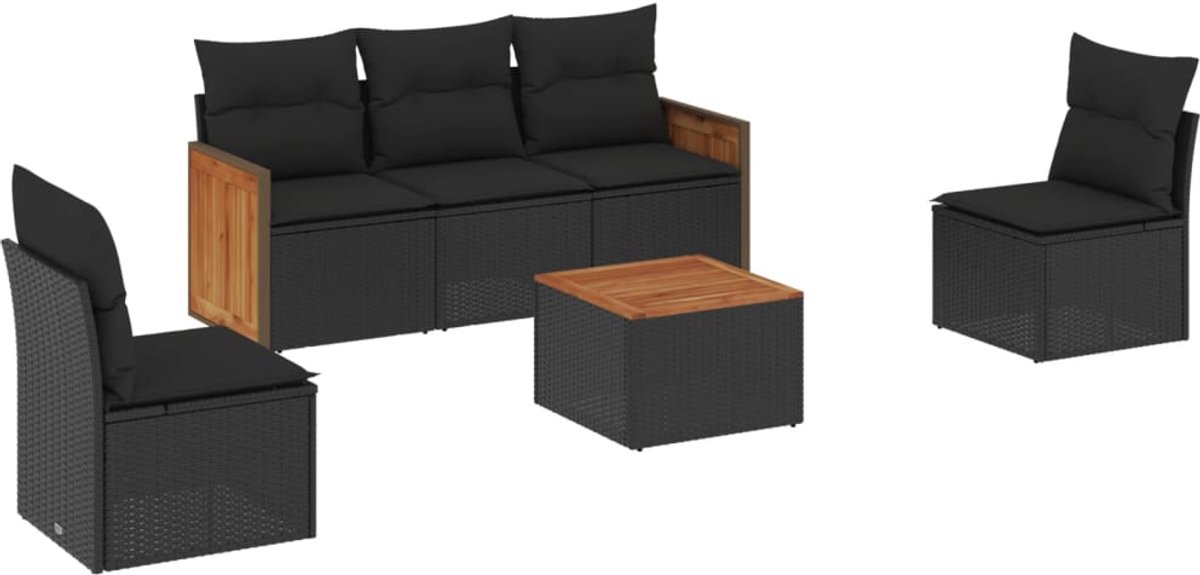 The Living Store 6-delige Loungeset met kussens poly rattan zwart - Loungeset - Tuinmeubels - Lounge Set - Pe Rattan - Outdoor Furniture
