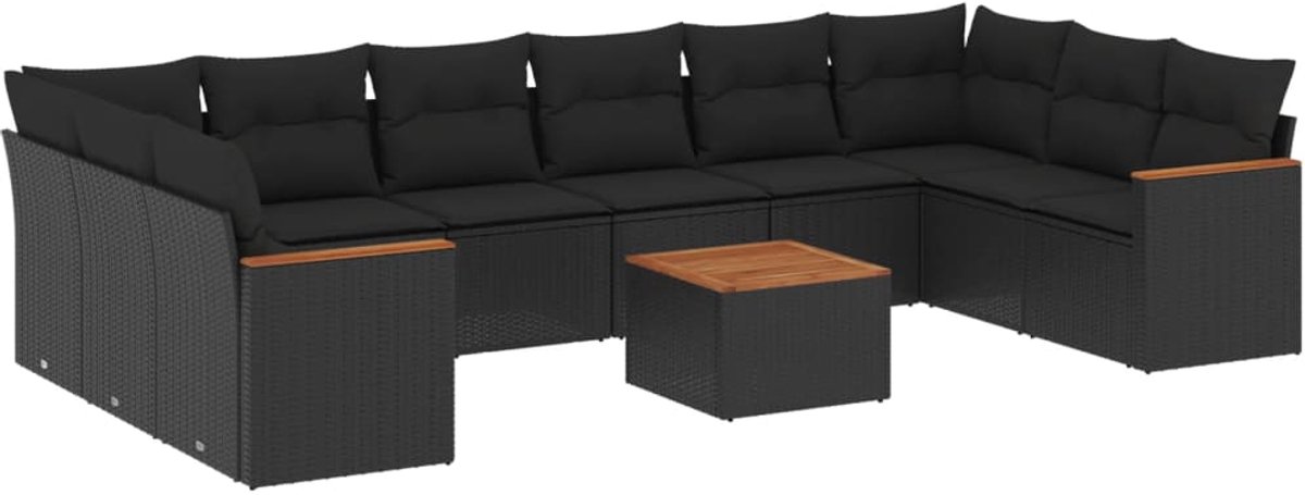 The Living Store 11-delige Loungeset met kussens poly rattan zwart - Loungeset - Lounge Set - Buitendecoratie - Tuinmeubels - Loungebank