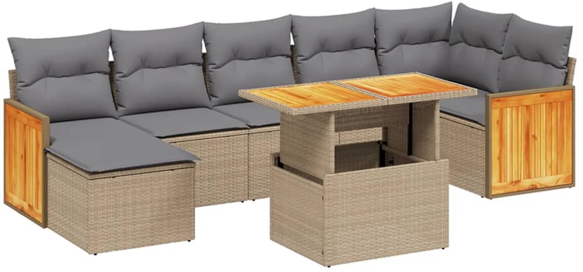 The Living Store 8-delige Loungeset met kussens poly rattan beige - Loungeset - Tuinbank - Lounge Set - Buitendecoratie - Tuinmeubels