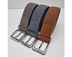 3 pack deal - Elastische riem - gevlochten broekriem - dames en heren riemen - Kleur 1 Bruin 2 Grijs 3 Kaki 115 cm