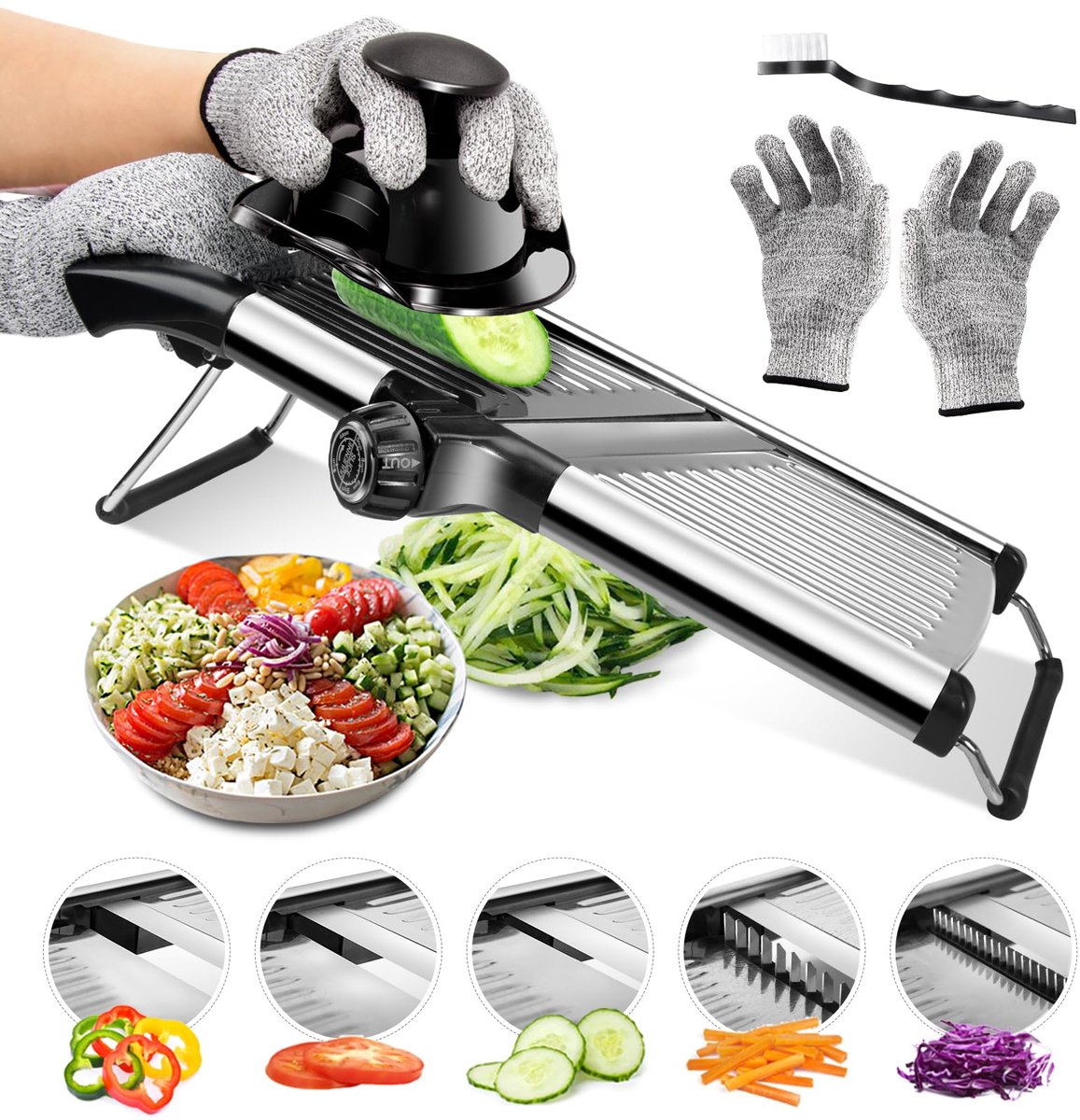 My Ninki ® Veelzijdige Mandoline Groentesnijder met Verstelbare Roestvrijstalen Mesjes voor Perfecte Sneden