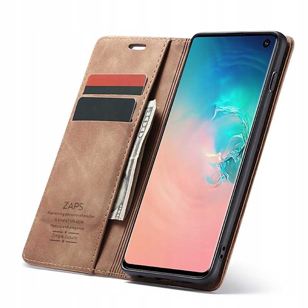 Spacecase Galaxy S10E Portemonnee Koffie Leren Koffer