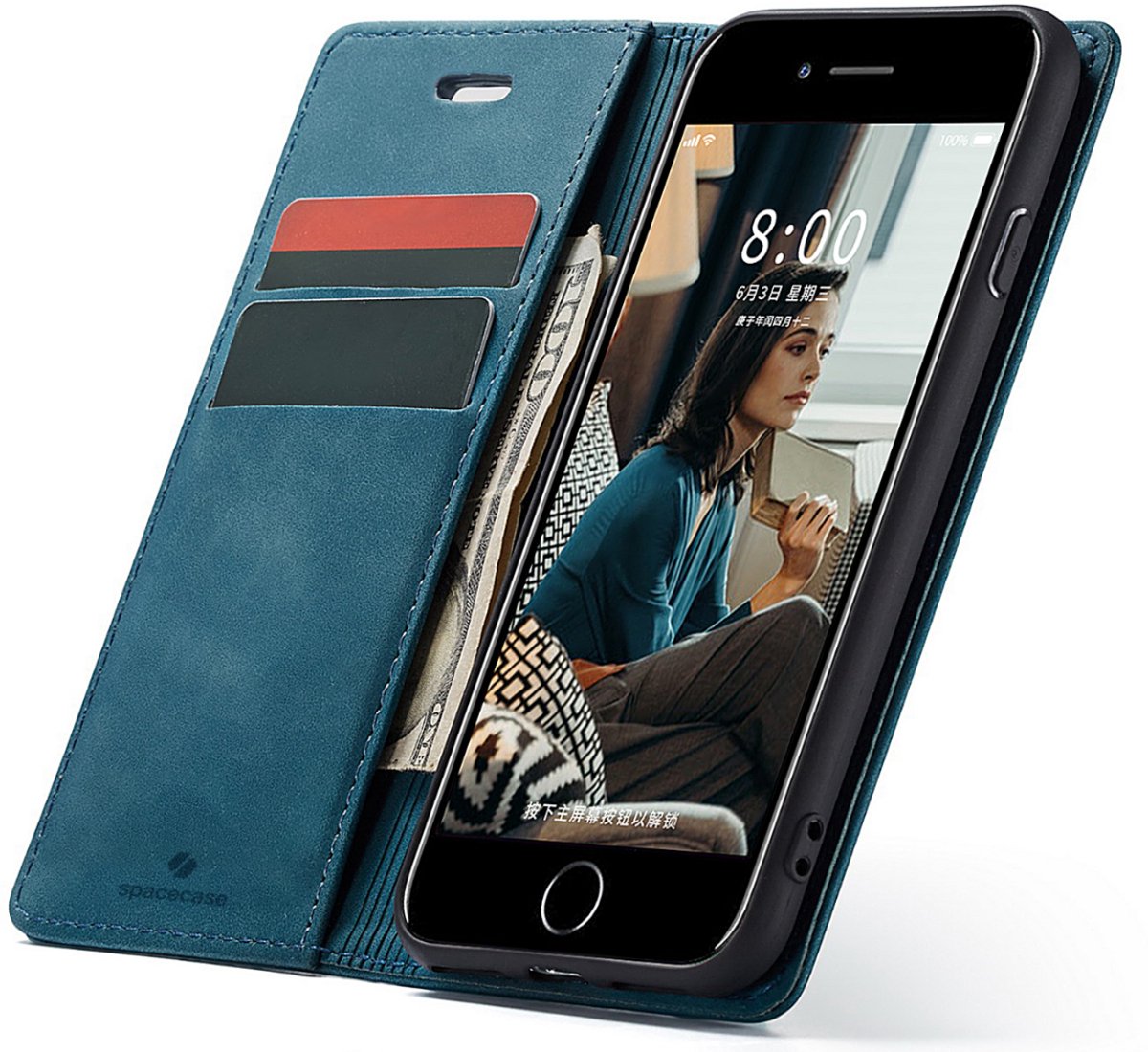 Spacecase Wallet Case Voor Iphone 7 8 Se 2020 Blauwe Lederen Hoes