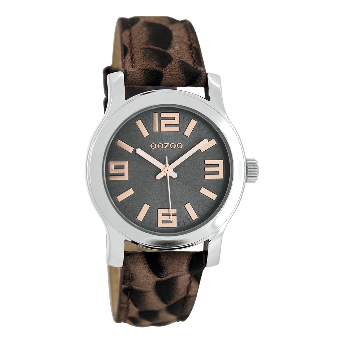 OOZOO Timepieces - Zilverkleurige horloge met bruine leren band - C7129