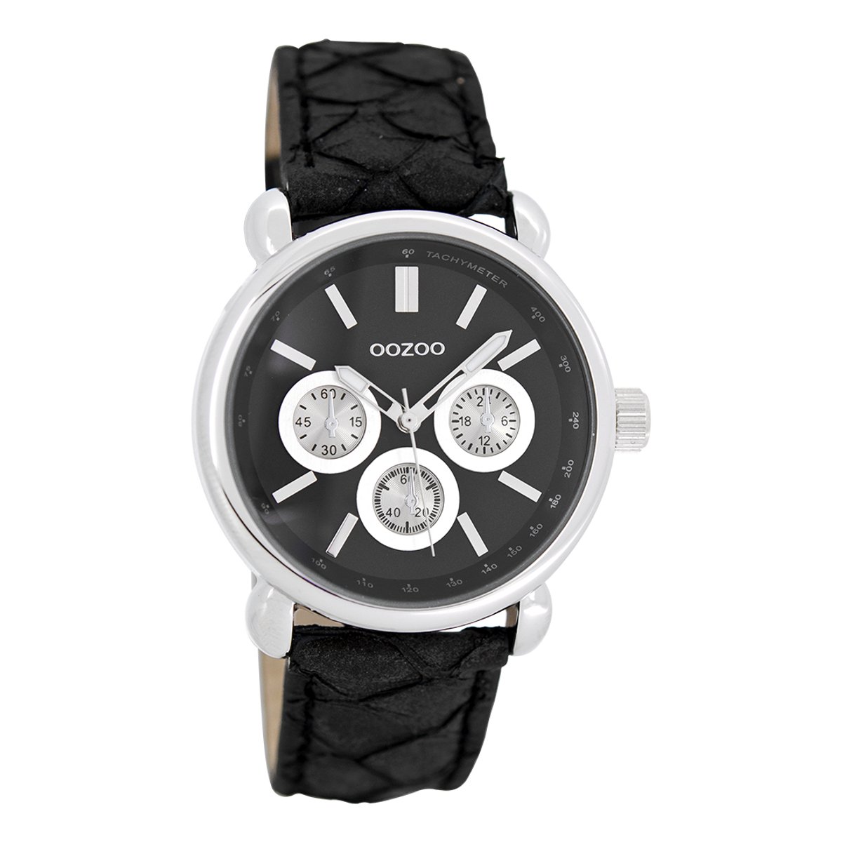 OOZOO Timepieces - Zilverkleurige horloge met zwarte leren band - C7139