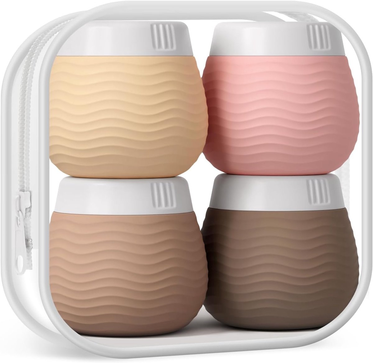 Goedkoopste Handige Reisset met Vier Herbruikbare Siliconen Crème Potjes van 50 ml en Transparante Opbergtas