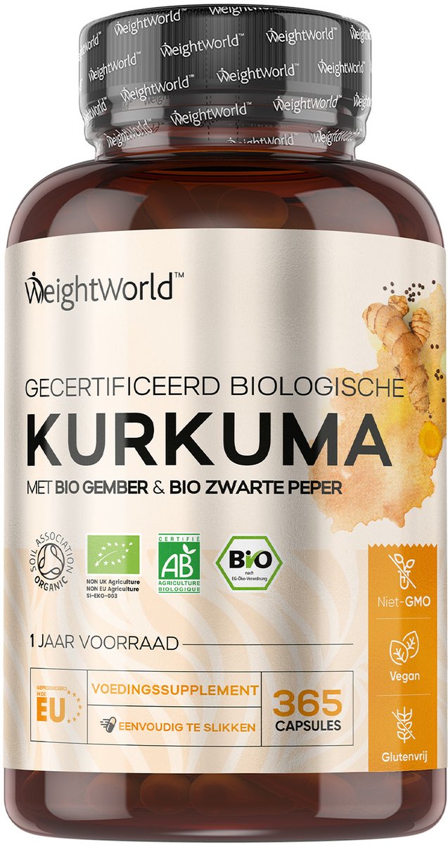 WeightWorld Biologische Kurkuma capsules met zwarte peper en gember - 505 mg - 365 capsules voor 1 jaar