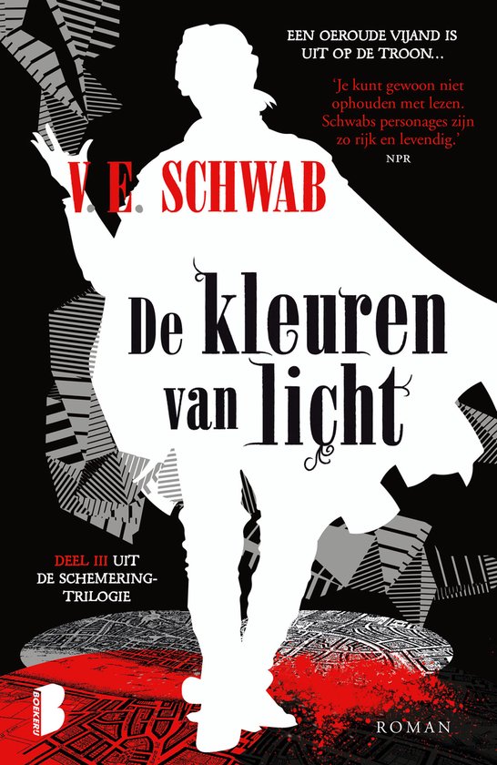 V.E. Schwab, De kleuren van licht. Een gestileerde figuur in een witte cape, tegen een zwart-grijze achtergrond met abstracte patronen.