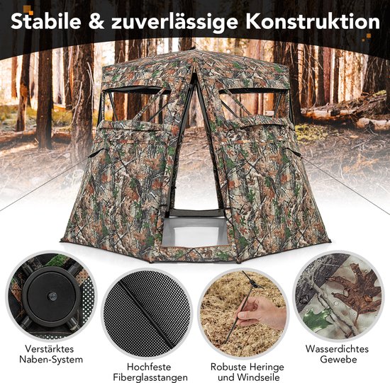 COSTWAY Jachttent voor 2-3 personen, 360° doorzichtige camouflagetent voor de jacht op herten en wilde zwijnen, opklapbaar jachtschuilplaats met draagtas en 4 uitbreidbare kleine pagina's voor jagers — afbeelding 3