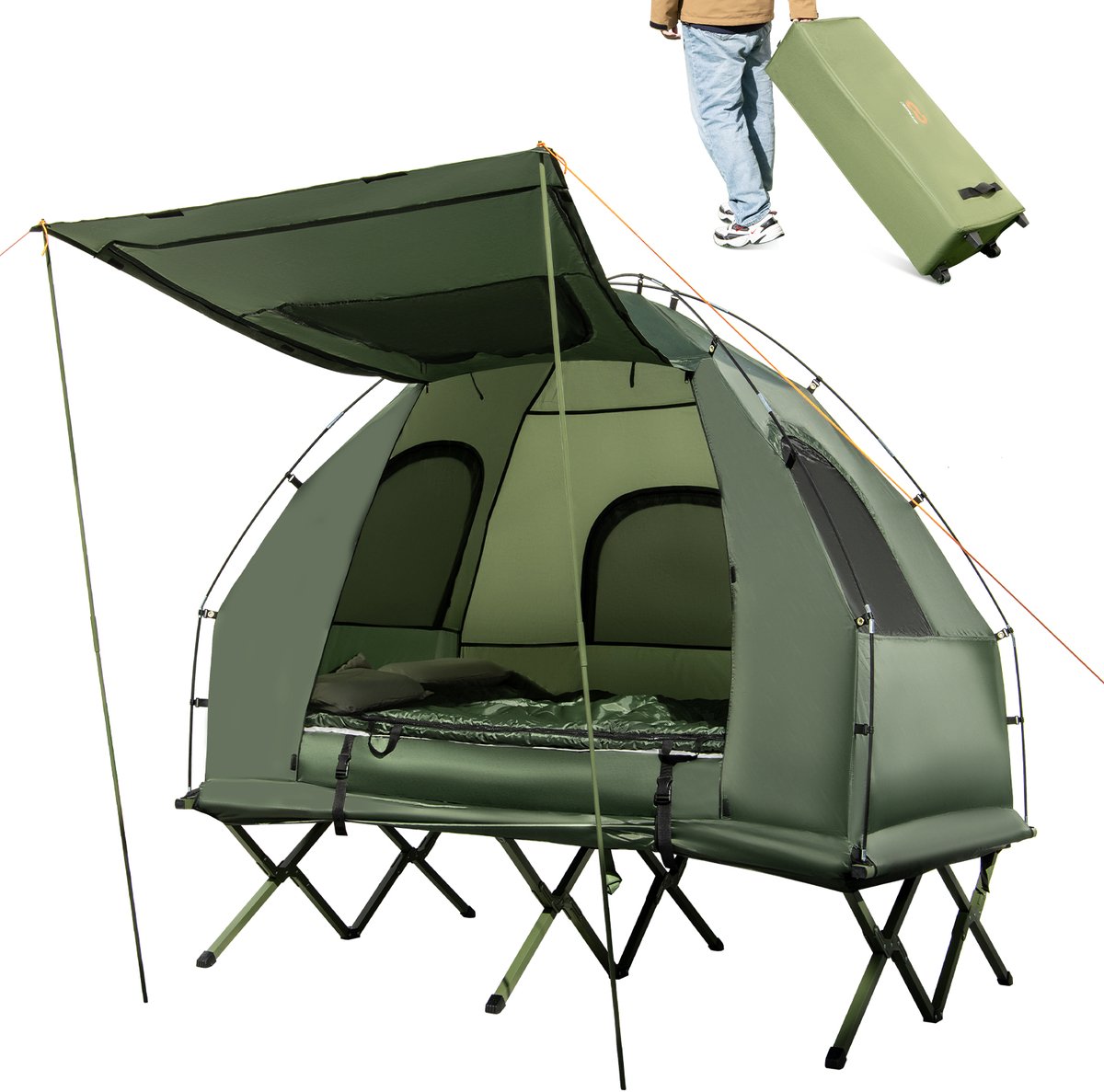 COSTWAY Veldbed met tent voor 2 personen, campingbed met voortent, luchtmatras, slaapzak en 2 kussens, campingligstoel met draagtas op wielen, 194 x 145 x 187 cm