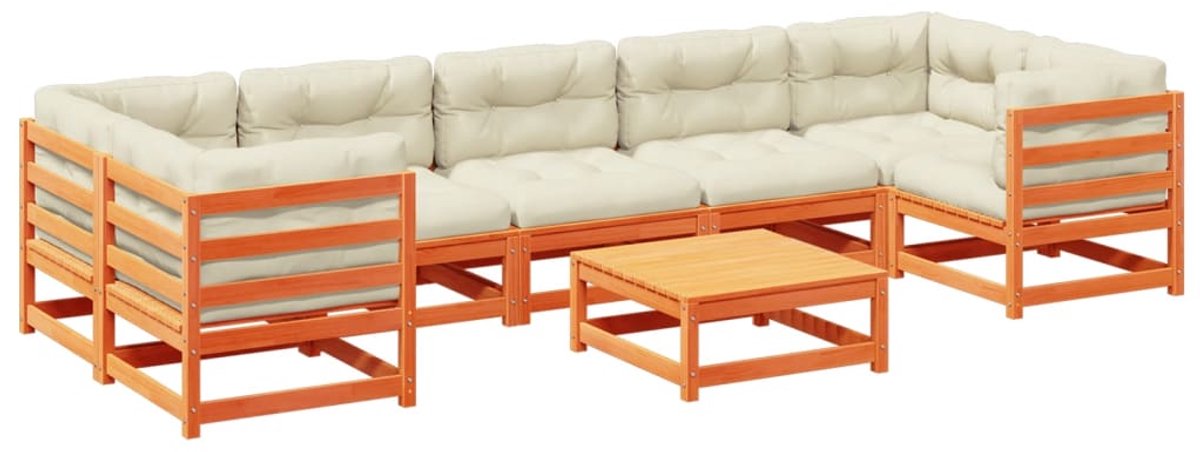 The Living Store 8-delige Loungeset met kussens massief grenenhout wasbruin - Loungebank - Tuinset - Houten Bank - Lounge Set - Buitendiner
