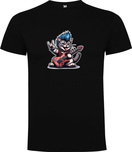 Zwart T-Shirt met Kleurrijke print “ Punk Kat met Hanekam en gitaar - Relax – Retro “ Print Full Color Maat M